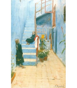 Patio azul con dos niñas en la escalera (Sitges)