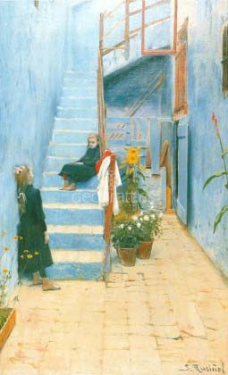 Patio azul con dos niñas en la escalera (Sitges)