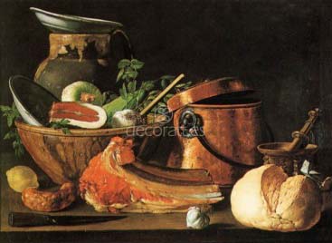 Bodegón, carne, pan chorizos y utensilios de cocina