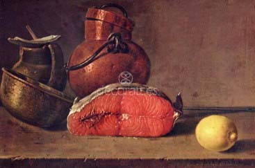Bodegon, un trozo de salmón, un limón y tres vasijas